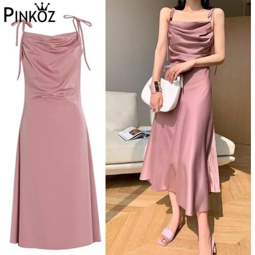 Pinkoz Satin Dress Woman Sleeveless Spaghetti Strap Zevity Chic Black Summer 2021 French Party Wedding Vintage Silk Dresses Ruch