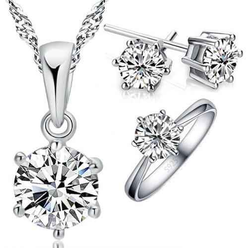 Authentic 925 Sterling Silver Wedding Jewelry for Women Girls Classic Round Shiny Cubic Zirconia Necklace/Earring/Ring