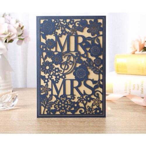 50pcs/lot Laser Cut Blue Wedding Invitation Card Mr & Mrs Hollow Printable Gold Inserts Marriage Invites Engagement Party Supply