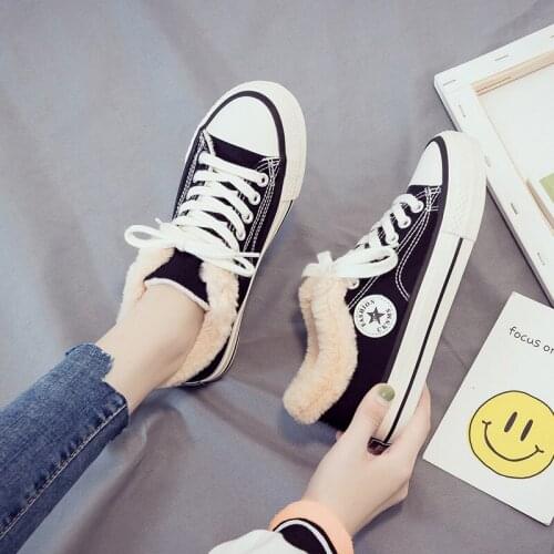 Warm Plush Women Sneakers 2019 Fashion Breathable Vulcanized Shoes Women Canvas Shoes Platform Shoes Women Lace Up Casual Shoes