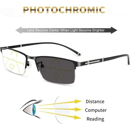 High Quality Photochromic Multifocal Reading Glasses Men Progressive Anti-blue Light Presbyopic Glasses Metal Frame 1.0 To 4.0