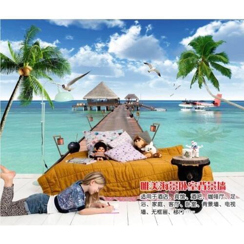 WDBH custom mural 3d photo wallpaper Beautiful Seascape Wooden Bridge Coconut Tree decor living room wallpaper for walls 3 d