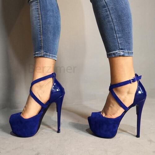BERZIMER FASHION Women Platform Sandals Cross Stripe Heels Stiletto Party Sandalias Pumps Shoes Woman Large Size 45 49 50 52