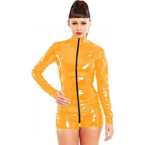Ladies One Piece Jumpsuit Long Sleeve Faux Leather Zipper Rompers for Women Open Crotch PVC Playsuits Plus Size Women Bodysuits