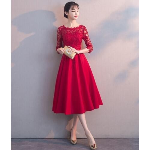O-Neck Party Dress Women Lace Bride Burgundy Cheongsam Flower Lady Wedding Qipao Elegant Bridesmaid Dresses wedding Gown