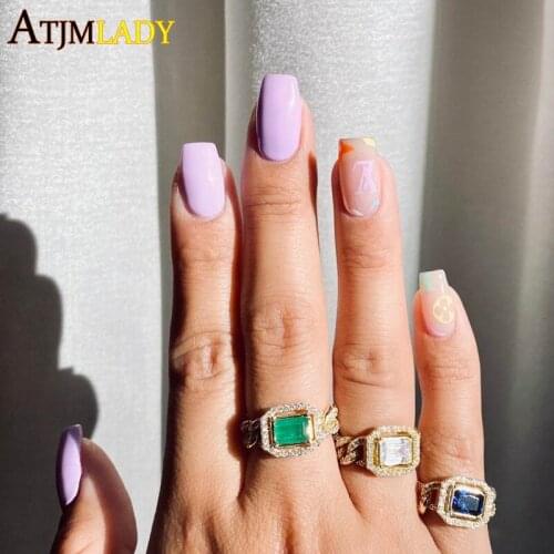 Gold Color Cuban Link Chain White Red Green Blue Colorful CZ Finger Ring Women Iced Out Bling Zirconia Gorgeous Engagement Rings