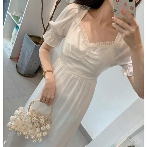 French court style white fairy women dress 2020 summer vintage lace V-neck nail beading waist slim mid length dress