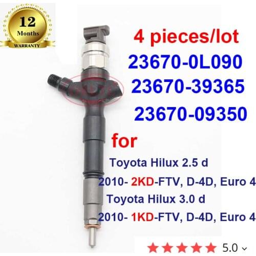 4 pieces 23670-0L090 236700L090 Diesel Fuel Injector 23670-09350 23670-39365 For Toyota Hilux 2.5 d 2010- 2KD-FTV, D-4D, Euro 4