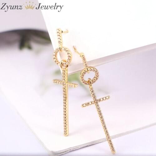 5Pairs, Fashion Jewelry Gold Color Clear CZ Zircon Cross Dangle Earrings for Women
