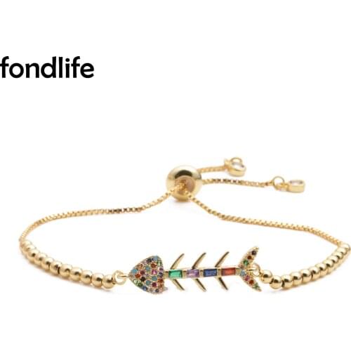 AAA Multicolor Cubic Zirconia Crystal Gold-plated Fishbone Charm Bracelet Women Red Black Cord Beaded Chain Adjustable Jewelry