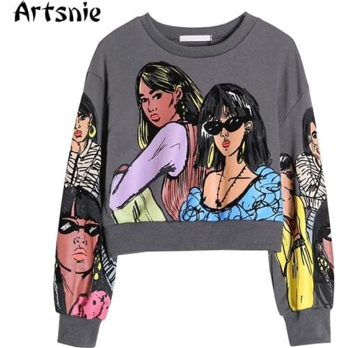 Artsnie Character Print Women Sweatshirt Spring 2021 O Neck Long Sleeve Dark Gray Casual Hoodies Streetwear Knitted Sweatshirts