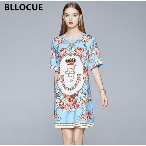 BLLOCUE 2020 Summer New Womens Vintage Palace Print O-Neck Dress Luxury Fashion Temperament Loose Straight Dress