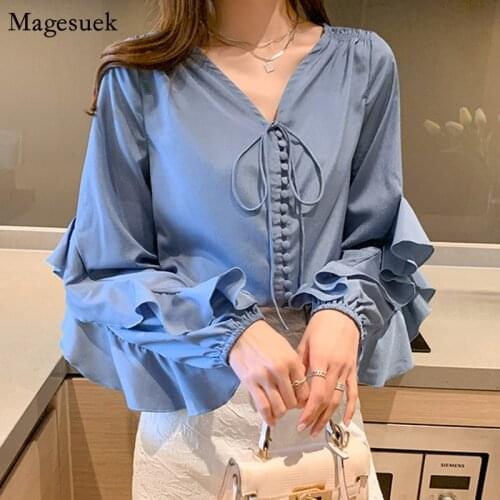 Petal Sleeve V-neck Satin Women Shirts Blouses New Spring Ruffled Loose Women Blouse Office Lady Casual Shirt Tops Female 13092