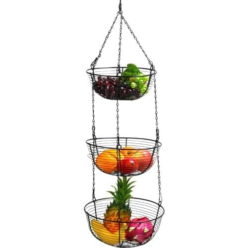 Household Iron 3 Tier Fruit Basket Vintage Style Storage Basket Living Room Fruit Basket Creative Iron Hanging Snack Black