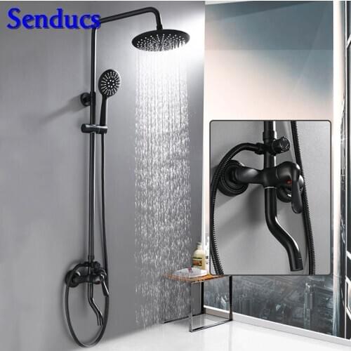 Senducs Black Bath Shower Set Round Bathroom Shower System Rainfall Top Shower High Quality Brass Black Shower Set