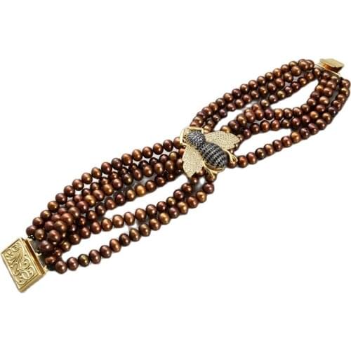 GuaiGuai Jewelry 8'' 7 Strands Brown Pearl CZ Beetle Bracelet Women Lady Fashion Jewelry