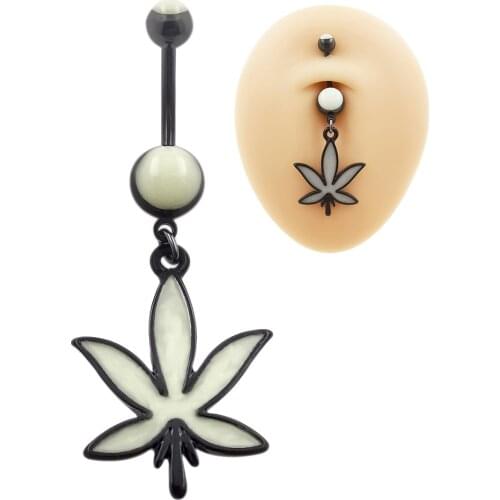 JHJT 1pc 316L Surgical Steel Luminous Leaf Dangle Navel Piercing Ring Ombligo Belly Button Rings Women Body Jewelry