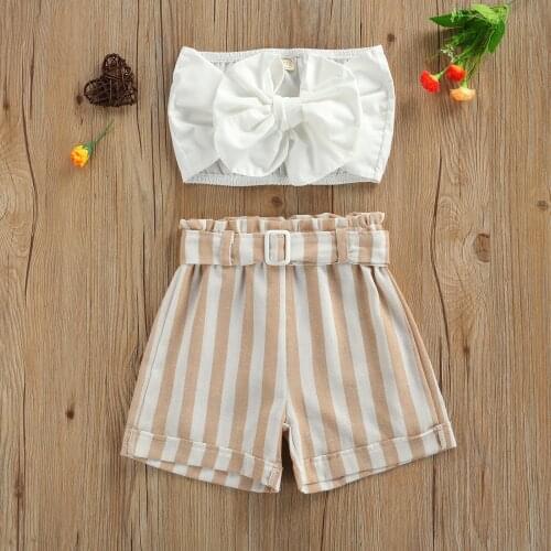2 Pieces Kids Suit Set Girls Solid Color Sleeveless Bow-knot Strappy Crop Tops+ Striped Short Pants for Summer 1-6 Years