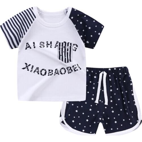 Childrens Sets Summer Baby Boys Girls Short Sleeve Cartoon Letter Print T-shirt Tops+Beach Shorts Casual Sets Kids Clothes f