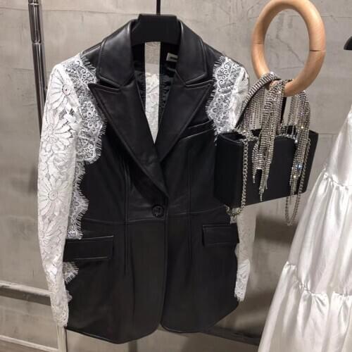 Leather real blazer lace splicated real sheep leather jacket ladies genuine leather blazer