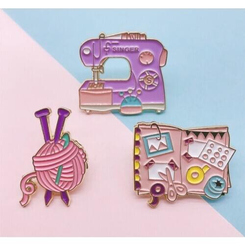 Creative Cartoon Pink Sewing Machine Yarn Ball Knitting Sweater Book Scissors Enamel Brooch Alloy Badge Bag Pin Jewelry Gift