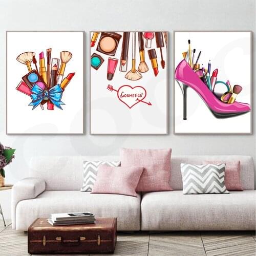Fashion High Heel Shoes Picture Make Up Brashes Canvas Painting Wall Art Posters Prints for Living Room Home Decor