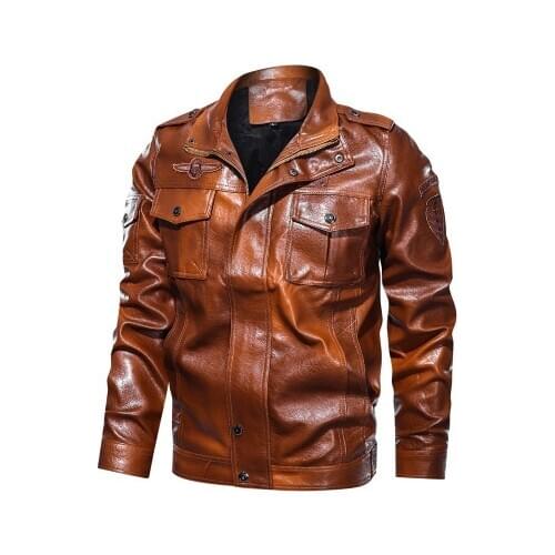 Mens Casual Solid Color Pocket Decoration Stand Collar Large Leather Jacket Mens No Cap Shoulder Band Faux Leather Jaket