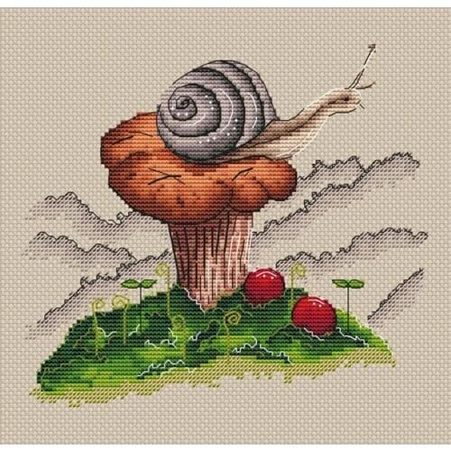 Customized Embroidery Snail on Mushroom Pusheen Diy Cross-stitch Kit with 100% Cotton Flosses & Free Shipping for Wall Decor