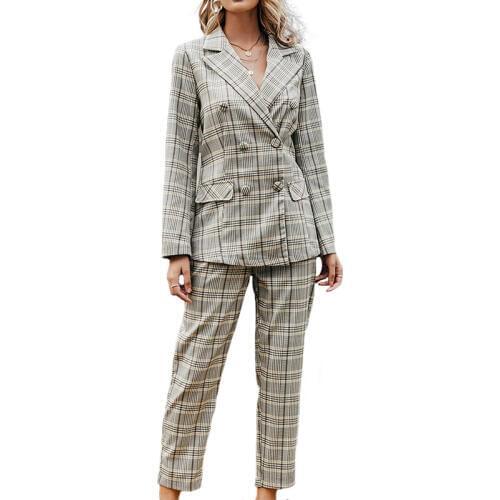 Autumn Winter New Plaid Suits 2 piece Women Slim Grid Suit Coat Straight Trousers Suits Female Tops Pants Two Piece Sets Commute