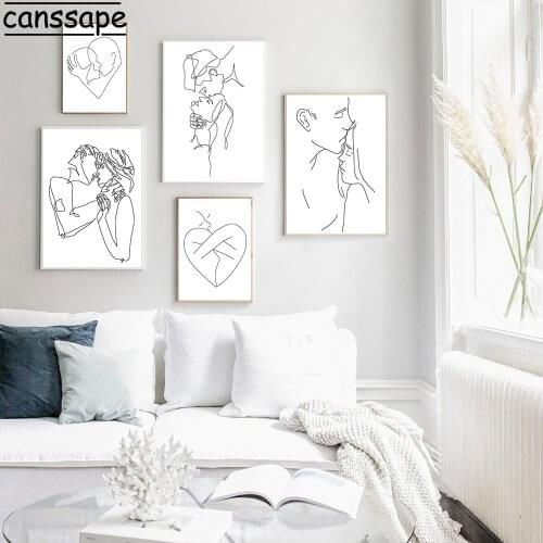 Couple Kiss Art Canvas Pictures Abstract Line Drawing Poster Prints Black White Minimalist Wall Art Painting Bedroom Home Decor