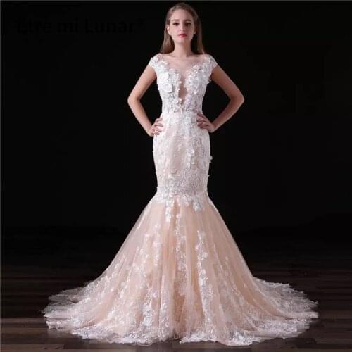 Sexy O-Neck Champagn Short Sleeves Evening Dress 2020 Flowers Blackless Elegant Mermaid Party Dress Real Photo Plus Size LE40715