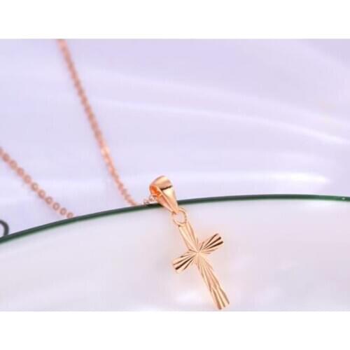 Real 18K Rose Gold Cross Pendant For Women Girl Ladies Lucky With Rolo Chain Carved Pattern Line
