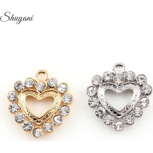 17*18mm Vintage Silver Rhinestone Heart Charms Pendants Fit Necklace Jewelry Making DIY Handmade Craft