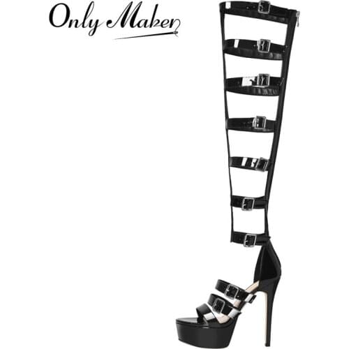 Onlymaker Summer Open Toe Over The Knee Boot Sandals Patent Leather High Heels Platform Metal Buckles Decoration Shoes Zipper