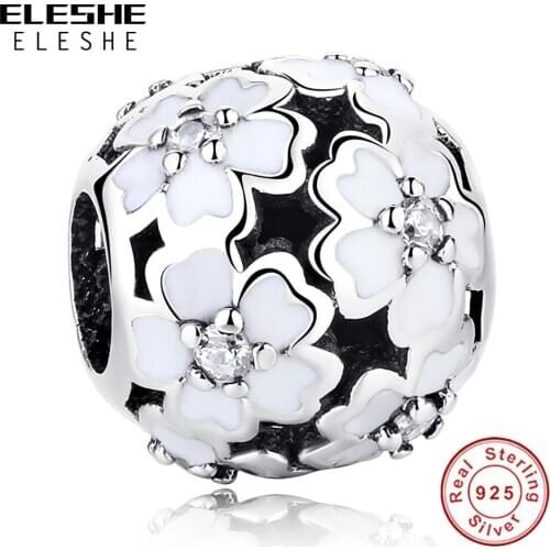 5PCS ELESHE S925 Sliver White Enamal Flower Charm Round Bead Fit Original Bracelet & Necklace DIY Simple Jewelry Making