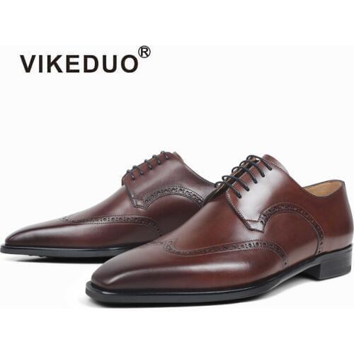 VIKEDUO New Brogues Mens Leather Shoes Brown Patina Wedding Office Shoe Handmade Luxury Brand Formal Dress Shoes Male Footwear