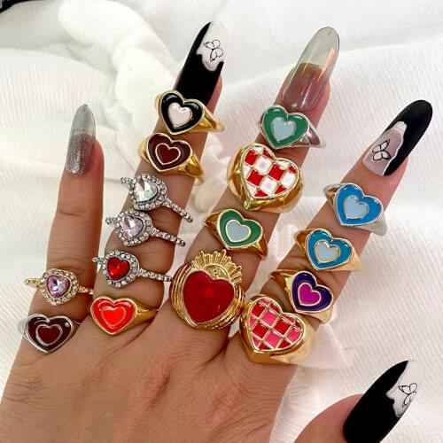 Ins Vintage Creative Simple Colorful Double Layer Heart Ring For Women Girls Cute Drop Oil Love Heart Crystal Rings Jewelry Gift