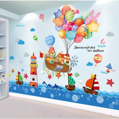 [shijuekongjian] Hot Air Balloons Wall Stickers DIY Lighthouse Boats Wall Decals for Kids Rooms Children Nursery Home Decoration