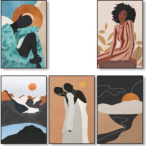 Japanese Style Abstract Landscape Mountain Sunrise Canvas Painting Fashion Girl Posters and Prints Wall Art Pictures Home Decor