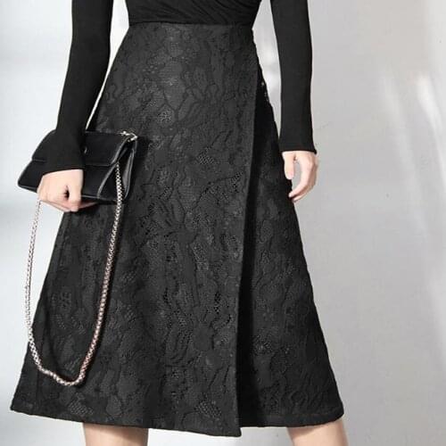 2021 spring new lace a-line skirt women high waist irregular package hip knee length skirt