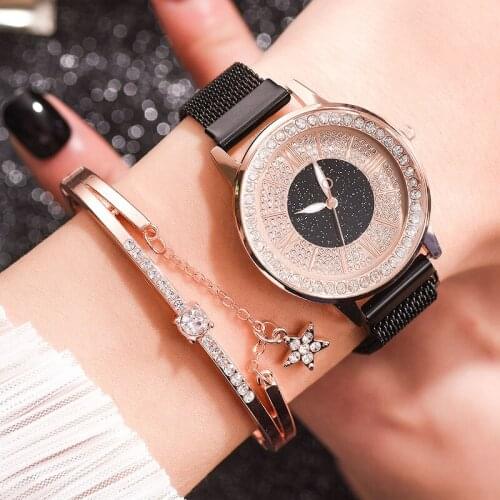 Mesh strap ladies watch fashion full diamond magnet buckle ladies quartz watch