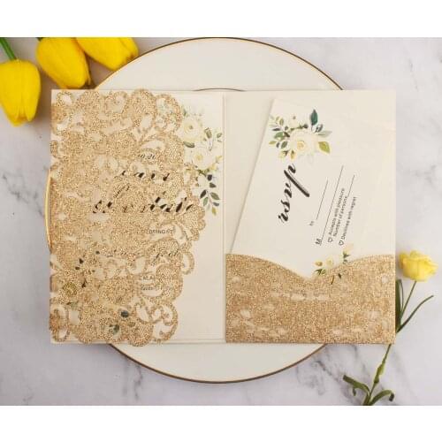 10pcs/lot Rose Gold Glitter Paper Pocket Cards Laser Cut Wedding Invitation Card Trifold Greeting Cover For Party Supplies