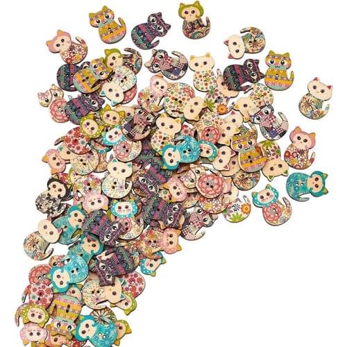 30pcs 30mm Wooden Buttons Mixed Color 2 Holes Cat Shape Pattern Painted Multicolor Cloth Ornament Sewing Scrapbooking Wholesale
