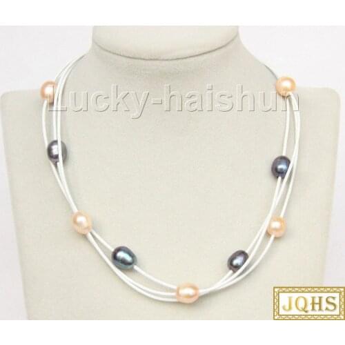 40cm-45cm adjustable 3row black pink purple pearls white leather necklace 18KGP clasp j9903