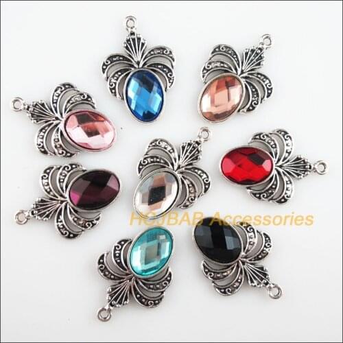 8Pcs Tibetan Silver Tone Retro Oval Mixed Crystal Charms Pendants 22x32mm