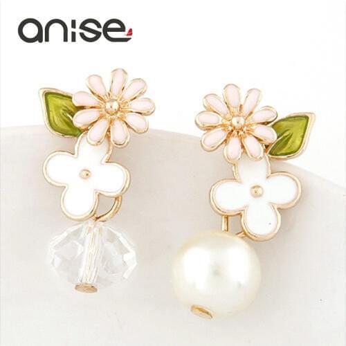 Anise 2017 New Enamel Daisy Flowers Stud Earrings Sweet Elegant Crystal Imitation Pearl Earrings Asymmetric Boucle D'oreille