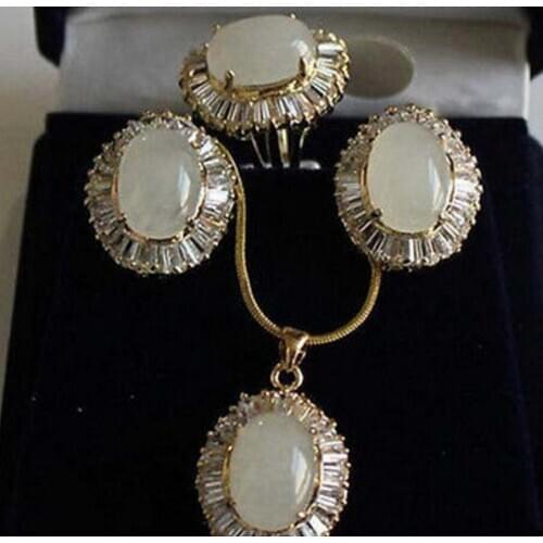 Free Shipping Hot! Jewelry White Opal Beads Pendant Earring Zircon Ring Set AAA style 100% Natural Noble Fine jewe