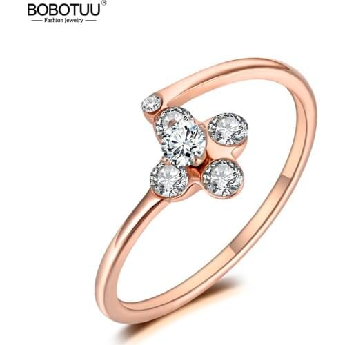 BOBOTUU Simple CZ Crystal Flower Ring Stainless Steel Jewelry Rose Gold Cute Style For Girl Christmas/New Year Gift BR19107