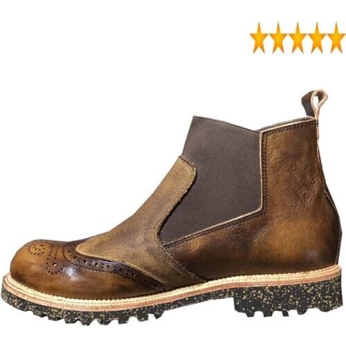 Genuine Leather British Splice Vintage Brock Carving High Top Work Shoes Mens Chelsea Short Handmade Slip-On Ankle Boots