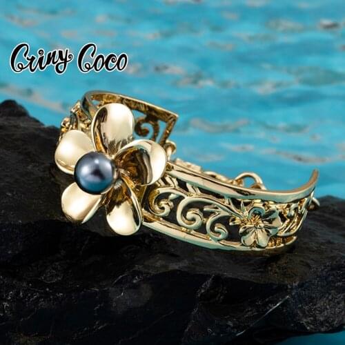 Cring Coco Hawaiian Bracelets Gold Bangle 2021 New Design Flower Pearl Polynesian Clover Bracelets for Women Party Beach Wedding
